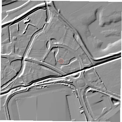 Shaded relief map of the ground around NN47HD, computed from Environment Agency LiDAR. The ground here sits at about 56 m above sea level and falls 8 m across the surrounding 800 m. Surface water reaching this point runs off ground lying to the west, 3.5 m higher.