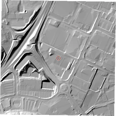 Shaded relief map of the ground around NN47JE, computed from Environment Agency LiDAR. The ground here sits at about 63 m above sea level and falls 16 m across the surrounding 800 m. Surface water reaching this point runs off ground lying to the north-east, 1.2 m higher.
