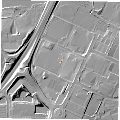 Shaded relief map of the ground around NN47PN, computed from Environment Agency LiDAR. The ground here sits at about 61 m above sea level and falls 14 m across the surrounding 800 m. Surface water reaching this point runs off ground lying to the south-south-east, 5.8 m higher.