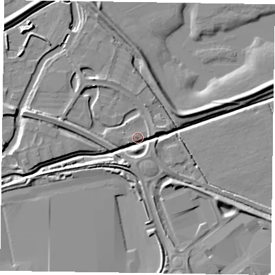 Shaded relief map of the ground around NN47SJ, computed from Environment Agency LiDAR. The ground here sits at about 56 m above sea level and falls 8 m across the surrounding 800 m. Surface water reaching this point runs off ground lying to the south-south-west, 6.5 m higher.