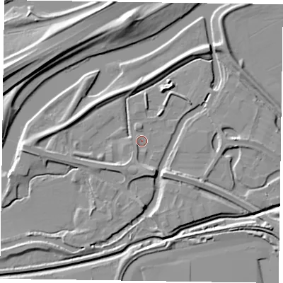 Shaded relief map of the ground around NN47XD, computed from Environment Agency LiDAR. The ground here sits at about 55 m above sea level and falls 11 m across the surrounding 800 m. Surface water reaching this point runs off ground lying to the south-south-east, 5.7 m higher.