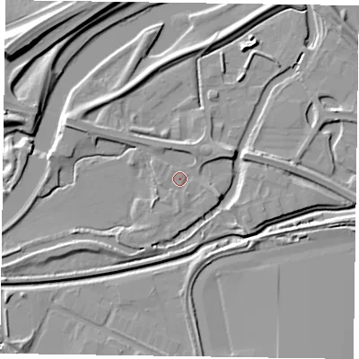 Shaded relief map of the ground around NN47YB, computed from Environment Agency LiDAR. The ground here sits at about 56 m above sea level and falls 13 m across the surrounding 800 m. Surface water reaching this point runs off ground lying to the south-south-east, 1.0 m higher.