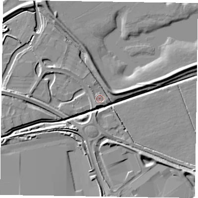 Shaded relief map of the ground around NN47YD, computed from Environment Agency LiDAR. The ground here sits at about 56 m above sea level and falls 9 m across the surrounding 800 m. Surface water reaching this point runs off ground lying to the west-south-west, 1.9 m higher.