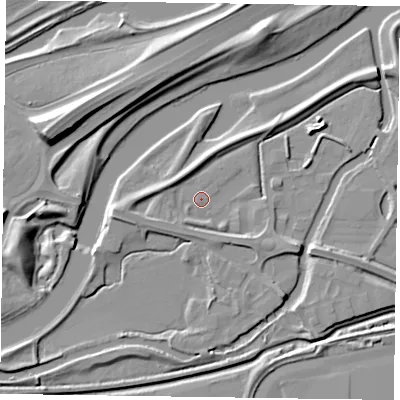 Shaded relief map of the ground around NN47YF, computed from Environment Agency LiDAR. The ground here sits at about 55 m above sea level and falls 13 m across the surrounding 800 m. Surface water reaching this point runs off ground lying to the south-west, 1.0 m higher.