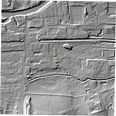 Shaded relief map of the ground around NN48AA, computed from Environment Agency LiDAR. The ground here sits at about 58 m above sea level and falls 12 m across the surrounding 800 m. Surface water reaching this point runs off ground lying to the north-west, 2.4 m higher.