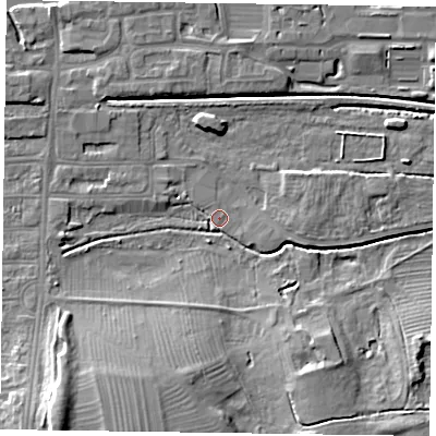 Shaded relief map of the ground around NN48AD, computed from Environment Agency LiDAR. The ground here sits at about 58 m above sea level and falls 15 m across the surrounding 800 m. Surface water reaching this point runs off ground lying to the south-west, 14.0 m higher.
