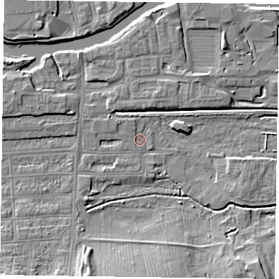 Shaded relief map of the ground around NN48AF, computed from Environment Agency LiDAR. The ground here sits at about 58 m above sea level and falls 10 m across the surrounding 800 m. Surface water reaching this point runs off ground lying to the north-west, 2.4 m higher.