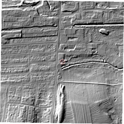Shaded relief map of the ground around NN48AG, computed from Environment Agency LiDAR. The ground here sits at about 59 m above sea level and falls 15 m across the surrounding 800 m. Surface water reaching this point runs off ground lying to the south, 2.2 m higher.