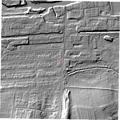Shaded relief map of the ground around NN48AH, computed from Environment Agency LiDAR. The ground here sits at about 58 m above sea level and falls 15 m across the surrounding 800 m. Surface water reaching this point runs off ground lying to the south-south-west, 10.5 m higher.