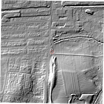 Shaded relief map of the ground around NN48AJ, computed from Environment Agency LiDAR. The ground here sits at about 60 m above sea level and falls 16 m across the surrounding 800 m. Surface water reaching this point runs off ground lying to the south, 12.2 m higher.