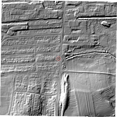 Shaded relief map of the ground around NN48AL, computed from Environment Agency LiDAR. The ground here sits at about 59 m above sea level and falls 15 m across the surrounding 800 m. Surface water reaching this point runs off ground lying to the south-south-west, 11.7 m higher.