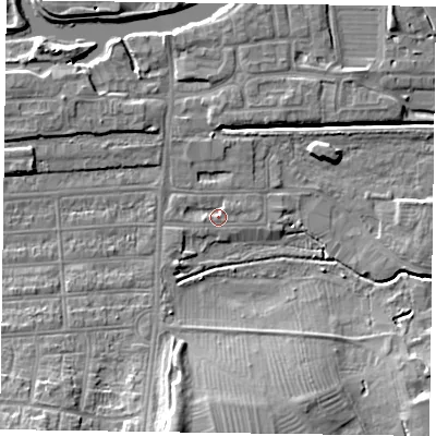 Shaded relief map of the ground around NN48AQ, computed from Environment Agency LiDAR. The ground here sits at about 59 m above sea level and falls 15 m across the surrounding 800 m. Surface water reaching this point runs off ground lying to the east, 1.3 m higher.