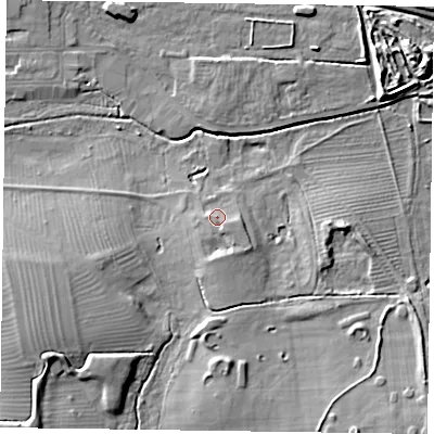 Shaded relief map of the ground around NN48AW, computed from Environment Agency LiDAR. The ground here sits at about 63 m above sea level and falls 19 m across the surrounding 800 m. Surface water reaching this point runs off ground lying to the south-south-east, 2.5 m higher.