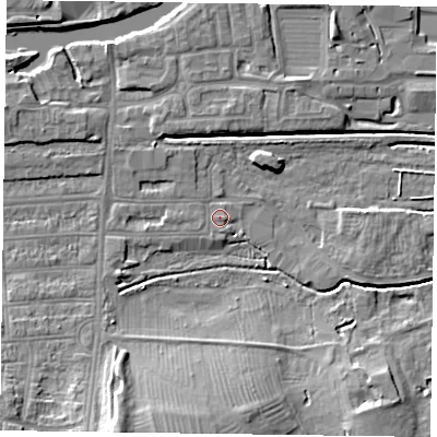 Shaded relief map of the ground around NN48BG, computed from Environment Agency LiDAR. The ground here sits at about 59 m above sea level and falls 14 m across the surrounding 800 m. Surface water reaching this point runs off ground lying to the south, 2.2 m higher.