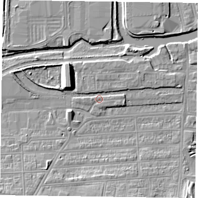 Shaded relief map of the ground around NN48BL, computed from Environment Agency LiDAR. The ground here sits at about 60 m above sea level and falls 9 m across the surrounding 800 m. Surface water reaching this point runs off ground lying to the east, 0.7 m higher.