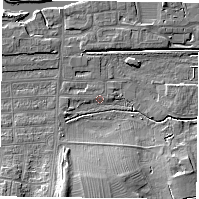 Shaded relief map of the ground around NN48BP, computed from Environment Agency LiDAR. The ground here sits at about 58 m above sea level and falls 15 m across the surrounding 800 m. Surface water reaching this point runs off ground lying to the south-south-west, 13.8 m higher.