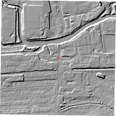 Shaded relief map of the ground around NN48BS, computed from Environment Agency LiDAR. The ground here sits at about 58 m above sea level and falls 7 m across the surrounding 800 m. Surface water reaching this point runs off ground lying to the west, 2.7 m higher.