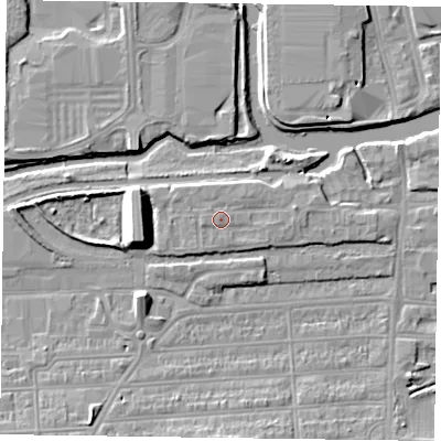 Shaded relief map of the ground around NN48BX, computed from Environment Agency LiDAR. The ground here sits at about 60 m above sea level and falls 9 m across the surrounding 800 m. Surface water reaching this point runs off ground lying to the east, 1.1 m higher.