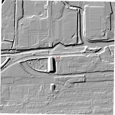 Shaded relief map of the ground around NN48BZ, computed from Environment Agency LiDAR. The ground here sits at about 60 m above sea level and falls 9 m across the surrounding 800 m. Surface water reaching this point runs off ground lying to the west-south-west, 5.7 m higher.
