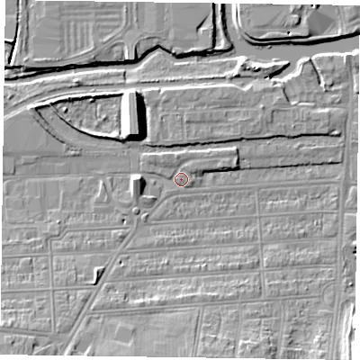 Shaded relief map of the ground around NN48DB, computed from Environment Agency LiDAR. The ground here sits at about 59 m above sea level and falls 10 m across the surrounding 800 m. Surface water reaching this point runs off ground lying to the north, 1.5 m higher.