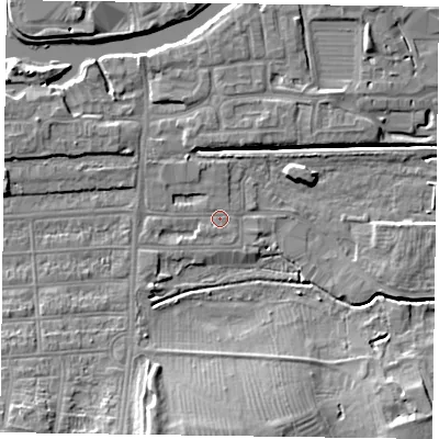 Shaded relief map of the ground around NN48DE, computed from Environment Agency LiDAR. The ground here sits at about 58 m above sea level and falls 13 m across the surrounding 800 m. Surface water reaching this point runs off ground lying to the south-west, 0.6 m higher.