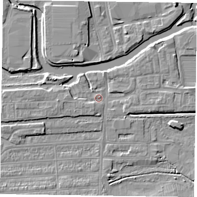 Shaded relief map of the ground around NN48DG, computed from Environment Agency LiDAR. The ground here sits at about 59 m above sea level and falls 6 m across the surrounding 800 m. Surface water reaching this point runs off ground lying to the west, 2.7 m higher.