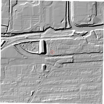Shaded relief map of the ground around NN48DJ, computed from Environment Agency LiDAR. The ground here sits at about 60 m above sea level and falls 9 m across the surrounding 800 m. Surface water reaching this point runs off ground lying to the east-north-east, 1.1 m higher.