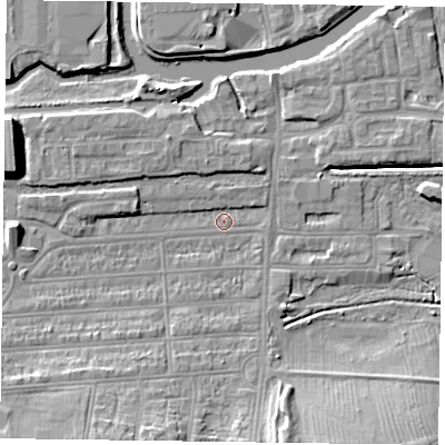 Shaded relief map of the ground around NN48DL, computed from Environment Agency LiDAR. The ground here sits at about 58 m above sea level and falls 11 m across the surrounding 800 m. Surface water reaching this point runs off ground lying to the south-south-west, 8.1 m higher.