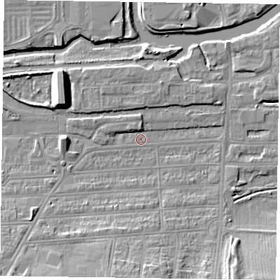 Shaded relief map of the ground around NN48DN, computed from Environment Agency LiDAR. The ground here sits at about 58 m above sea level and falls 12 m across the surrounding 800 m. Surface water reaching this point runs off ground lying to the south, 8.1 m higher.