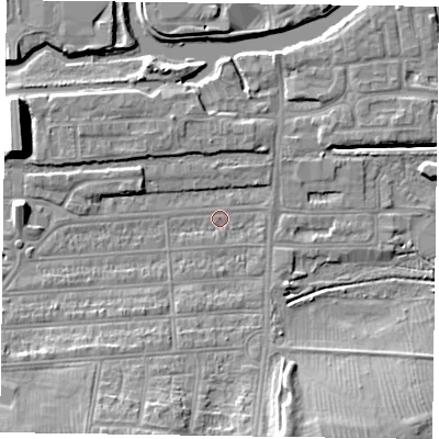 Shaded relief map of the ground around NN48DP, computed from Environment Agency LiDAR. The ground here sits at about 58 m above sea level and falls 13 m across the surrounding 800 m. Surface water reaching this point runs off ground lying to the south-south-west, 8.9 m higher.