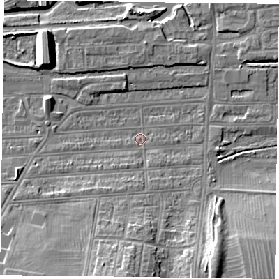 Shaded relief map of the ground around NN48DS, computed from Environment Agency LiDAR. The ground here sits at about 59 m above sea level and falls 15 m across the surrounding 800 m. Surface water reaching this point runs off ground lying to the south, 11.9 m higher.