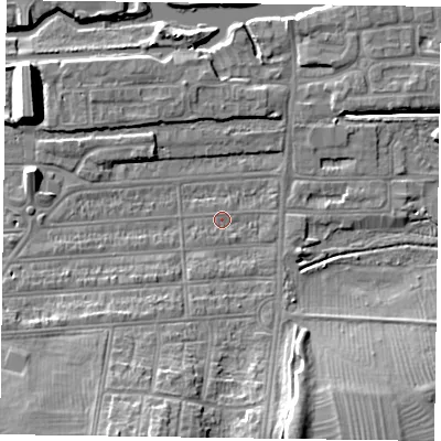 Shaded relief map of the ground around NN48DT, computed from Environment Agency LiDAR. The ground here sits at about 58 m above sea level and falls 15 m across the surrounding 800 m. Surface water reaching this point runs off ground lying to the south-south-west, 2.0 m higher.