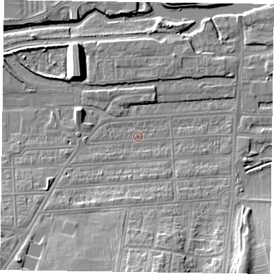Shaded relief map of the ground around NN48DU, computed from Environment Agency LiDAR. The ground here sits at about 59 m above sea level and falls 14 m across the surrounding 800 m. Surface water reaching this point runs off ground lying to the west-south-west, 1.5 m higher.