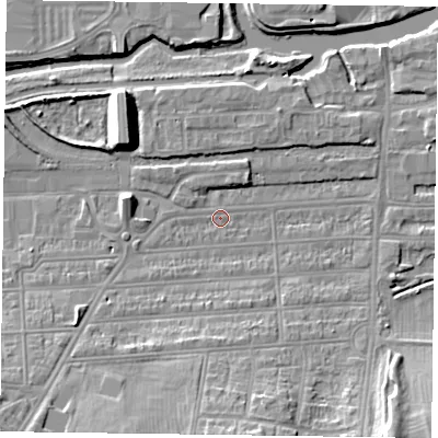 Shaded relief map of the ground around NN48DW, computed from Environment Agency LiDAR. The ground here sits at about 58 m above sea level and falls 13 m across the surrounding 800 m. Surface water reaching this point runs off ground lying to the south-west, 7.6 m higher.