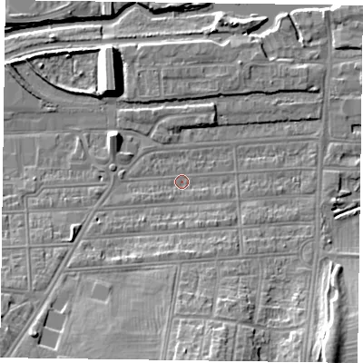 Shaded relief map of the ground around NN48DX, computed from Environment Agency LiDAR. The ground here sits at about 59 m above sea level and falls 14 m across the surrounding 800 m. Surface water reaching this point runs off ground lying to the west-south-west, 1.5 m higher.