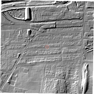 Shaded relief map of the ground around NN48DY, computed from Environment Agency LiDAR. The ground here sits at about 59 m above sea level and falls 14 m across the surrounding 800 m. Surface water reaching this point runs off ground lying to the south-west, 9.7 m higher.