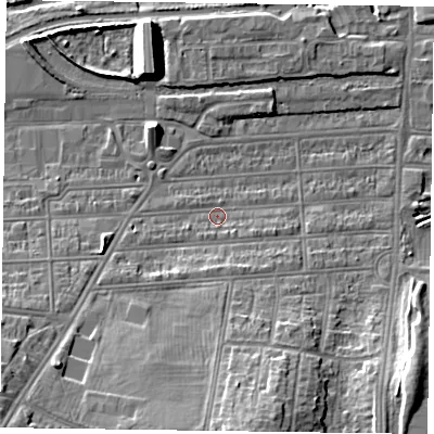 Shaded relief map of the ground around NN48DZ, computed from Environment Agency LiDAR. The ground here sits at about 59 m above sea level and falls 14 m across the surrounding 800 m. Surface water reaching this point runs off ground lying to the south-west, 10.7 m higher.