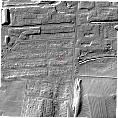 Shaded relief map of the ground around NN48EA, computed from Environment Agency LiDAR. The ground here sits at about 58 m above sea level and falls 15 m across the surrounding 800 m. Surface water reaching this point runs off ground lying to the south-west, 1.6 m higher.
