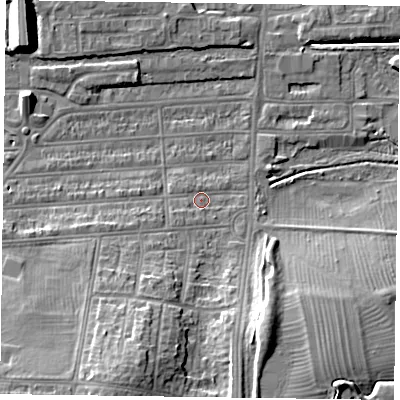 Shaded relief map of the ground around NN48EB, computed from Environment Agency LiDAR. The ground here sits at about 60 m above sea level and falls 15 m across the surrounding 800 m. Surface water reaching this point runs off ground lying to the south-west, 1.9 m higher.