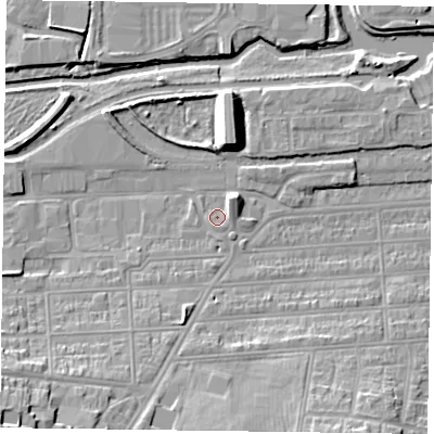 Shaded relief map of the ground around NN48EN, computed from Environment Agency LiDAR. The ground here sits at about 59 m above sea level and falls 19 m across the surrounding 800 m. Surface water reaching this point runs off ground lying to the north-east, 3.4 m higher.