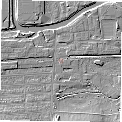 Shaded relief map of the ground around NN48EQ, computed from Environment Agency LiDAR. The ground here sits at about 59 m above sea level and falls 8 m across the surrounding 800 m. Surface water reaching this point runs off ground lying to the east-north-east, 0.9 m higher.