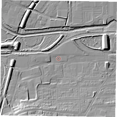 Shaded relief map of the ground around NN48ES, computed from Environment Agency LiDAR. The ground here sits at about 59 m above sea level and falls 17 m across the surrounding 800 m. Surface water reaching this point runs off ground lying to the south-west, 14.9 m higher.