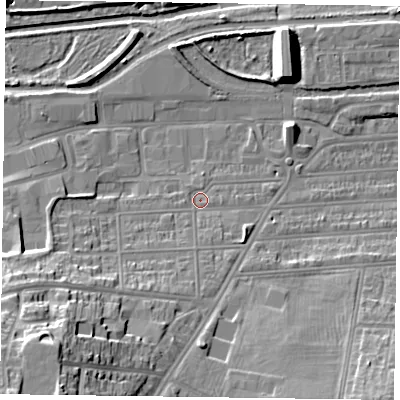 Shaded relief map of the ground around NN48EU, computed from Environment Agency LiDAR. The ground here sits at about 60 m above sea level and falls 26 m across the surrounding 800 m. Surface water reaching this point runs off ground lying to the south-west, 6.2 m higher.
