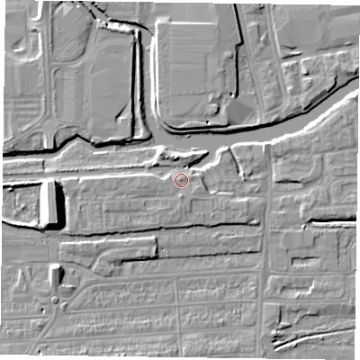 Shaded relief map of the ground around NN48EX, computed from Environment Agency LiDAR. The ground here sits at about 60 m above sea level and falls 10 m across the surrounding 800 m. Surface water reaching this point runs off ground lying to the south, 1.2 m higher.