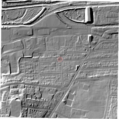 Shaded relief map of the ground around NN48EY, computed from Environment Agency LiDAR. The ground here sits at about 60 m above sea level and falls 26 m across the surrounding 800 m. Surface water reaching this point runs off ground lying to the south-west, 6.2 m higher.