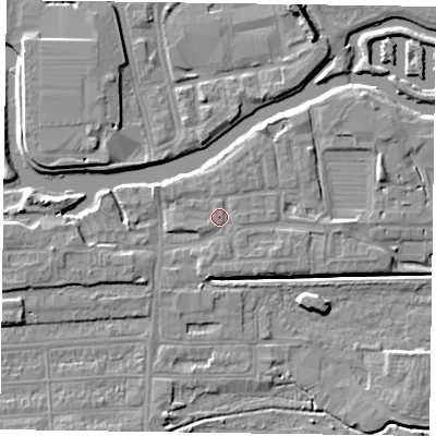 Shaded relief map of the ground around NN48GB, computed from Environment Agency LiDAR. The ground here sits at about 60 m above sea level and falls 7 m across the surrounding 800 m. Surface water reaching this point runs off ground lying to the east-south-east, 0.7 m higher.