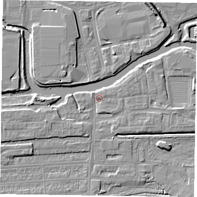 Shaded relief map of the ground around NN48GE, computed from Environment Agency LiDAR. The ground here sits at about 60 m above sea level and falls 8 m across the surrounding 800 m. Surface water reaching this point runs off ground lying to the east, 1.7 m higher.