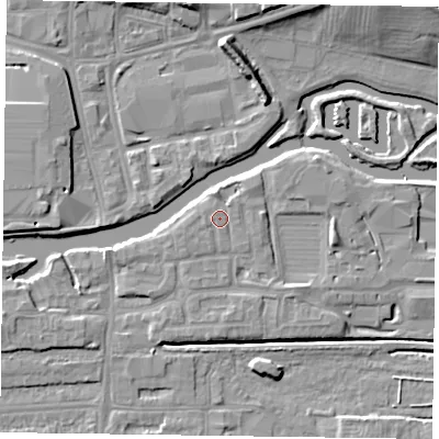 Shaded relief map of the ground around NN48GJ, computed from Environment Agency LiDAR. The ground here sits at about 60 m above sea level and falls 10 m across the surrounding 800 m. Surface water reaching this point runs off ground lying to the north-west, 0.6 m higher.