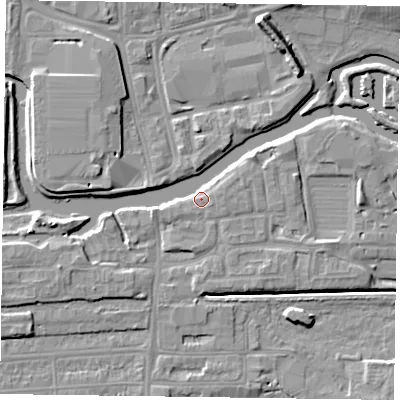 Shaded relief map of the ground around NN48GP, computed from Environment Agency LiDAR. The ground here sits at about 60 m above sea level and falls 8 m across the surrounding 800 m. Surface water reaching this point runs off ground lying to the west-south-west, 3.8 m higher.