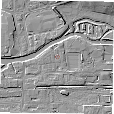 Shaded relief map of the ground around NN48GR, computed from Environment Agency LiDAR. The ground here sits at about 60 m above sea level and falls 9 m across the surrounding 800 m. Surface water reaching this point runs off ground lying to the west-north-west, 0.6 m higher.